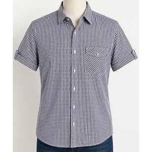 Kenneth Cole Mens Purple Gingham Check Short Sleeve Button Down Shirt Cotton M